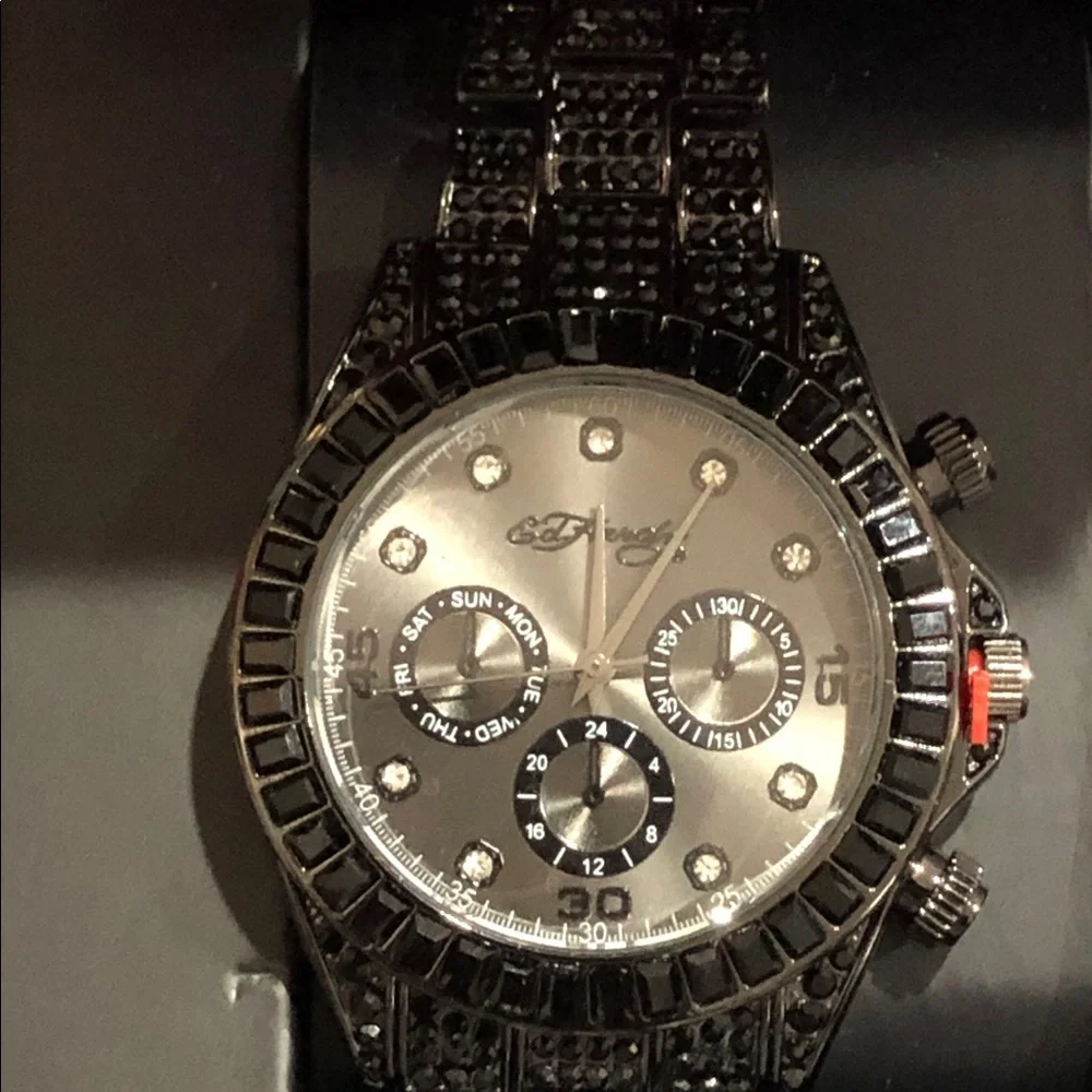 Ed Hardy black onyx look gemstone bling wristwatch new in pink Ed Hardy logo box